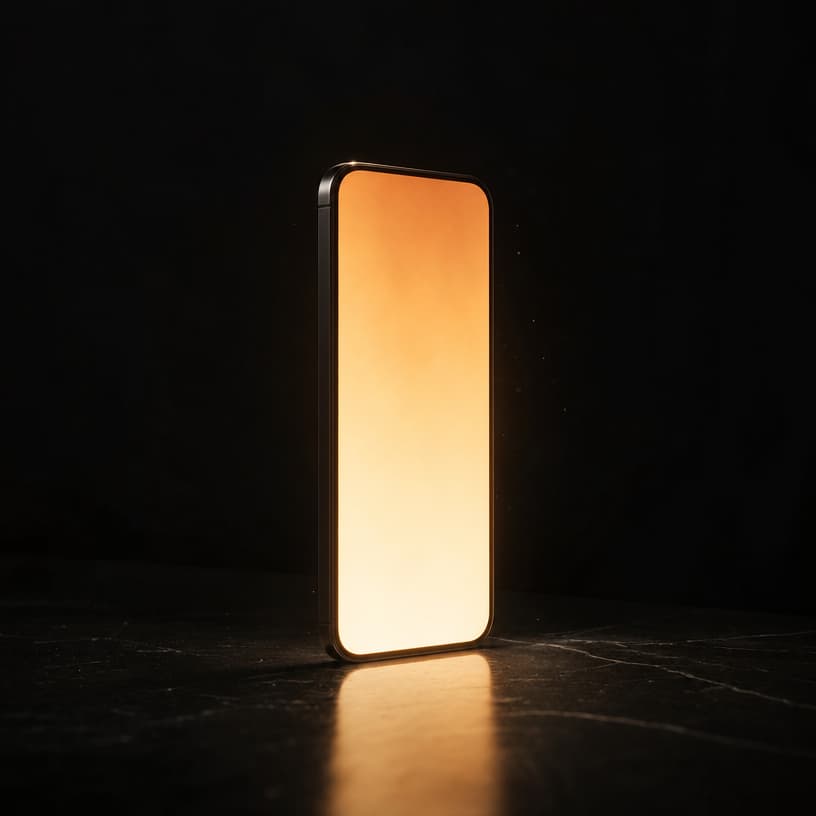 A monolithic phone of black glass, its screen glowing with warm light